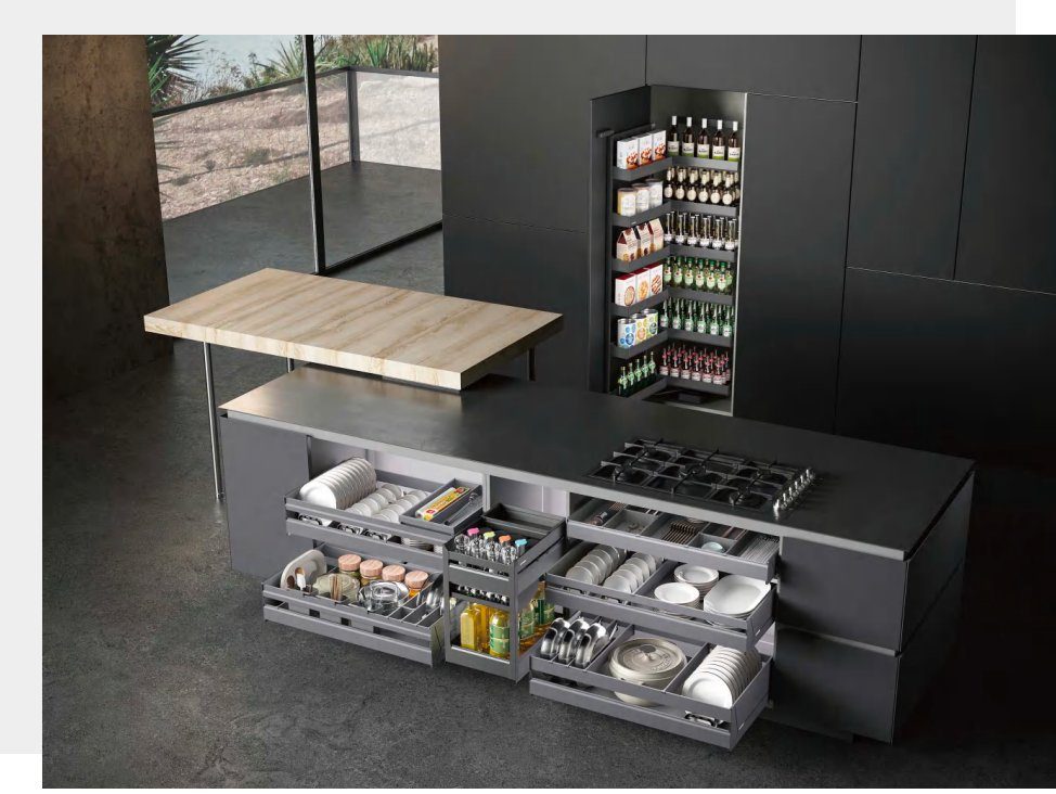 COOKTIME kitchen storage system — pull-out baskets, drawer dividers and pantry pull-out in custom kitchen by CASAWAVE Singapore