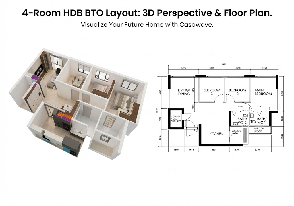 Standard 4-room BTO floor plan Singapore — 93 sqm layout used for custom carpentry planning