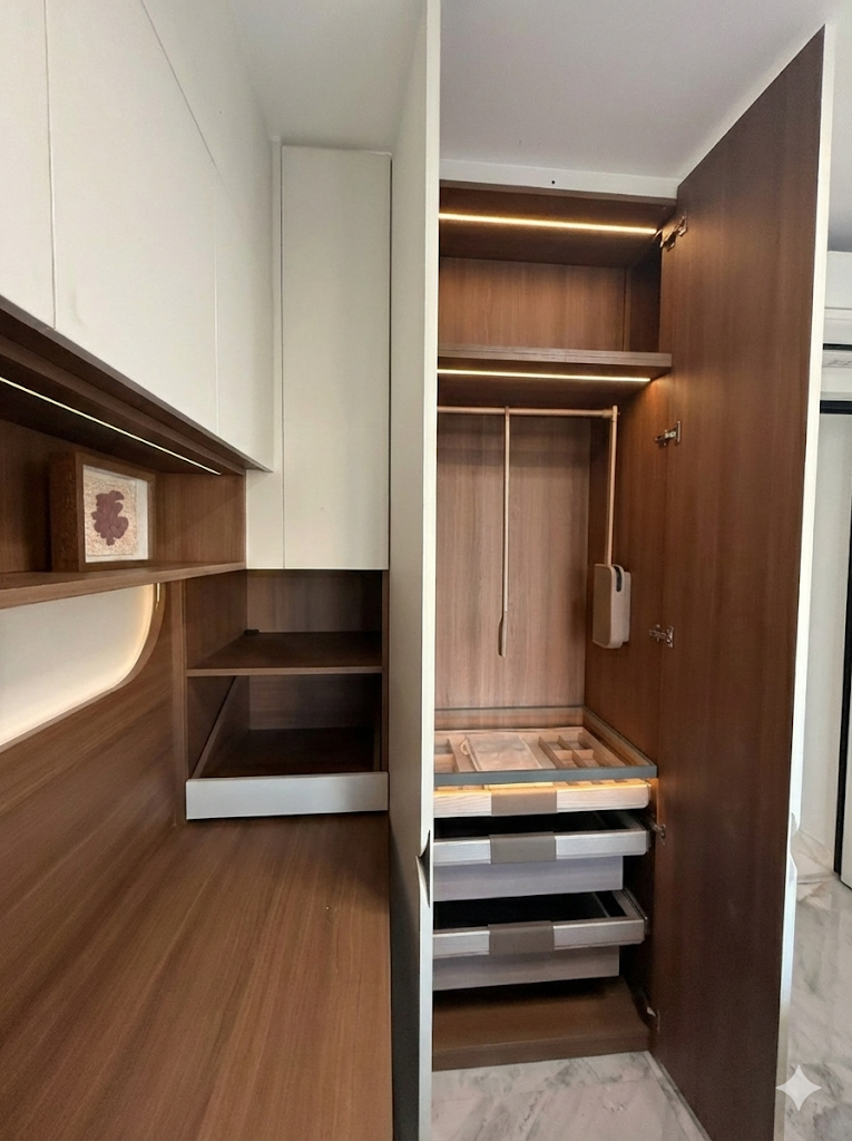 Built-in HDB wardrobe with internal organisation system and integrated lighting in Singapore