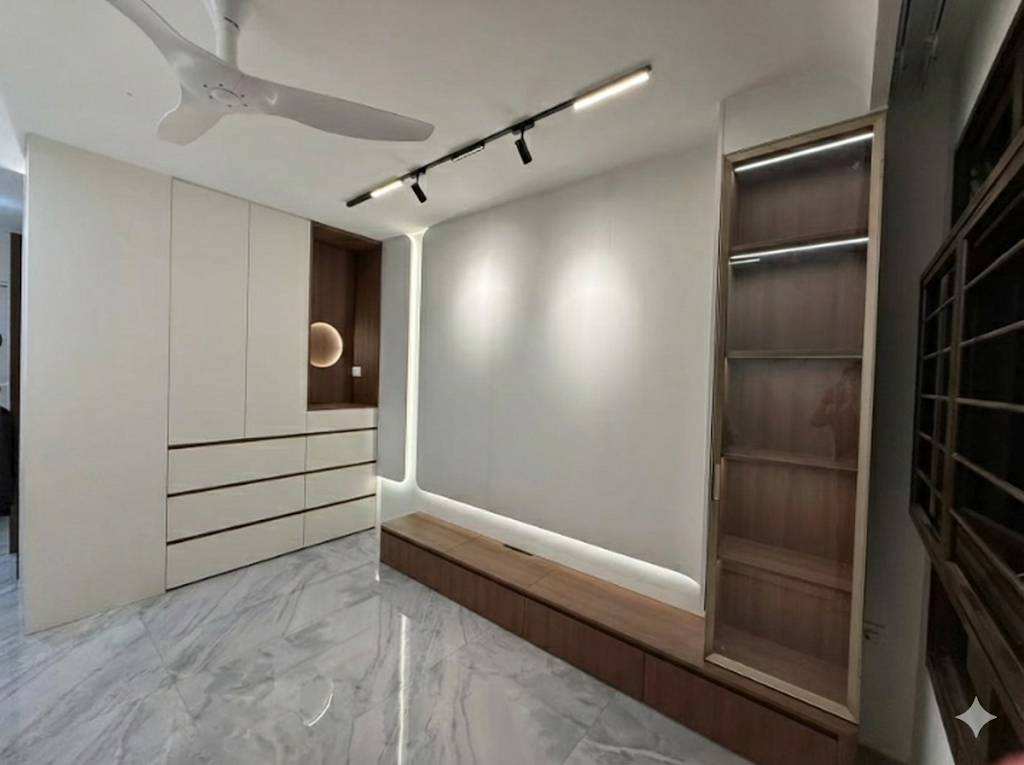 4-room BTO living room with integrated bomb shelter concealment